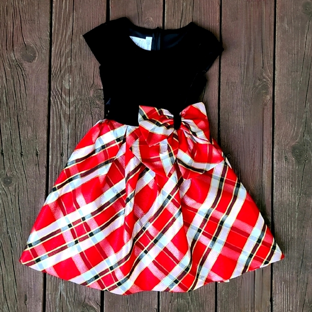 Bonnie Jean Girls' Plaid Holiday Velvet Taffeta Bow Dress Red Gold Black Size 8